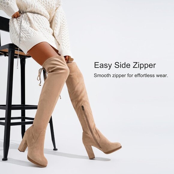 Women's Sand-imitation Suede Thigh High Over The Knee Rounded Toe Tall Long Boot - Picture 5 of 10